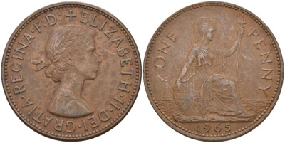 Великобритания 1 пенни 1965 Елизавета II (1952-2022) КМ 897, Spink 4157 бронза 4574-234