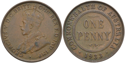 Австралия 1 пенни 1933 Георг V (1910-1936) KM 23 бронза 4117-133