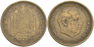 ИСПАНИЯ 2 1/2 ПЕСЕТЫ 1953 (56) ФРАНСИСКО ФРАНКО ДИКТАТОР ИСПАНИИ (1939-1975) KM 785 алюминиевая бронза 4561-815