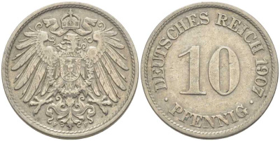 Германия 10 пфеннигов 1907 F KM 12, J. 13, Weege 8 медно-никель 210-647