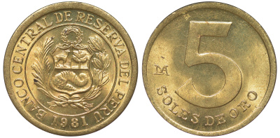 Перу 5 солей 1981 KM 271 латунь aUNC 4605-424
