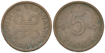 Финляндия 5 пенни 1966 KM 45 медь 4618-221