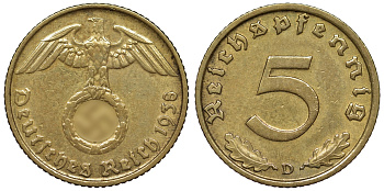 Германия 5 рейхспфеннигов 1938 D KM 91, J. 363 алюминиевая бронза 4121-657