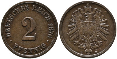Германия 2 пфеннига 1876 B, старогербовка KM 2, Jager 2, Weege 3 медь 4110-1727