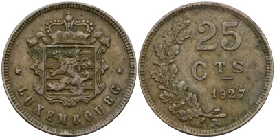 Люксембург 25 сантимов 1927 Шарлотта (1918-1964) KM 37 медно-никель 4577-847