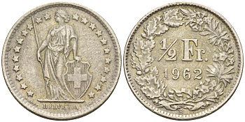 Швейцария 1/2 франка 1962 B KM 23 серебро    4160-1163