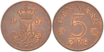 ДАНИЯ 5 ЭРЕ 1987 R; B, МАРГРЕТЕ II (1972-) KM 859.3 железо плакированное медью 4392-1123
