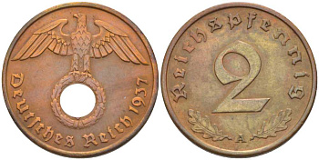 ГЕРМАНИЯ 2 РЕЙХСПФЕННИГА 1937 A KM 90, J. 362 бронза 261-852