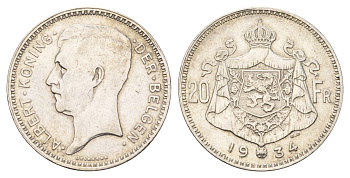 Бельгия 20 франков 1934 Der Belgen, Альберт I (1909-1934) KM 104 серебро 4675-812