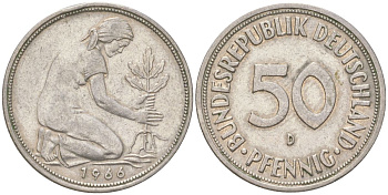 ФРГ 50 пфеннигов 1966 D KM 109 медно-никель 4613-1242