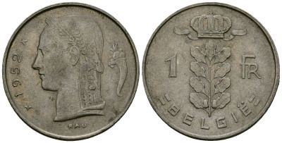 Бельгия 1 франк 1952 Belgie, Бодуэн I (1951-1993) KM 143.1 медно-никель 4172-536