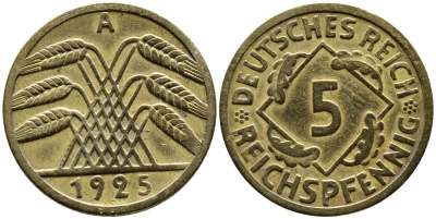 Германия 5 рейхспфеннигов 1925 A KM 39, J. 316, Weege 7 алюминиевая бронза 4387-1151