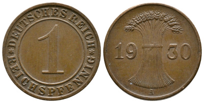 ГЕРМАНИЯ 1 РЕЙХСПФЕННИГ 1930 A KM 37, J. 313 бронза 4380-1211