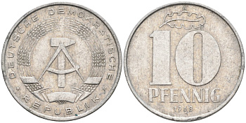 ГДР 10 пфеннигов 1968 А KM 10 алюминий 4571-655