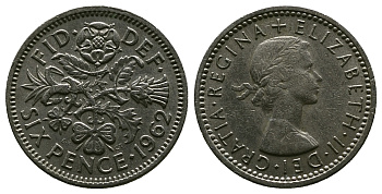 Великобритания 6 пенсов 1962 Елизавета II (1952-2022) KM 903, Spink 4149 медно-никель 4381-751