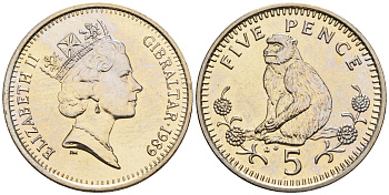 Гибралтар 5 пенсов 1989 АВ обезьяна KM 22 медно-никель UNC 87-623