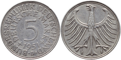 ФРГ 5 марок 1951 D KM 112.1, J.387 серебро 83-1135