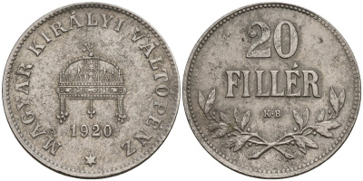 Венгрия 20 филлеров 1920 КВ, Карл I (1916-1918), редкий год KM 498 железо 4151-1033