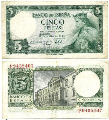 Испания 5 песет 1954 Альфонсо X, король Кастилии и Леона, дворец библиотек и музеев, Мадрид Pick 146 a бумага 7484-21-1