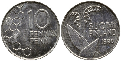 ФИНЛЯНДИЯ 10 ПЕННИ 1990 ЛАНДЫШ KM 65 медно-никель 26-955