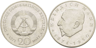 ГДР 20 марок 1971 А, 100 лет со дня рождения Генриха Манна (1871-1950) KM 33, J. 1531 медно-никель 4521-615