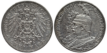 Пруссия 2 марки 1901 A, 200 лет Прусской королевской династии (Фридрих I - Вильгельм II) J.105, Weege 105, KM 525 серебро 443-944