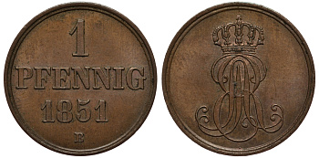 Ганновер 1 пфенниг 1851 B, Эрнст Август (1837-1851) KM 201.1 медь UNC 1517-624