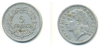 ФРАНЦИЯ 5 ФРАНКОВ 1946 В KM 888b.2 алюминий 80-125