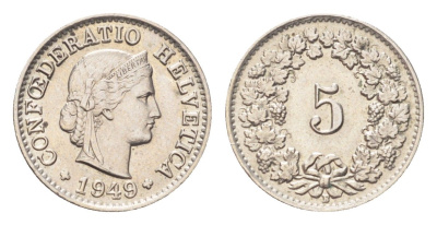 Швейцария 5 раппенов 1949 B KM 26 медно-никель UNC 4705-1243