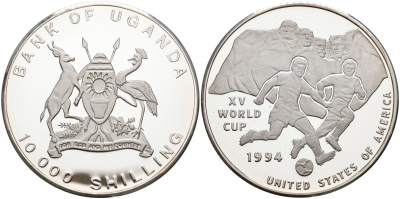 Уганда 10000 шиллингов 1992 XV чемпионат мира по футболу 1994 года в США, тираж 10000 экз. KM 33 серебро PROOF 04-317-14