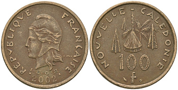 Французская Новая Каледония 100 франков 2002 хижина среди сосен и пальм, (IEOM) KM 15, Schoen 16, Lec 139f никель бронза 109-826