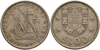 Португалия 5 эскудо 1984 KM 591 медно-никель 4156-555