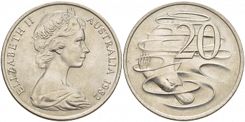 АВСТРАЛИЯ 20 ЦЕНТОВ 1982 ЕЛИЗАВЕТА II, МОЛОДОЙ ПОРТРЕТ, УТКОНОС KM 66 медно-никель UNC 111-124