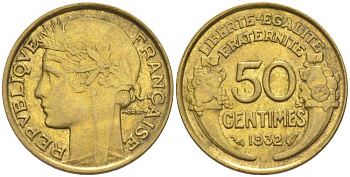 ФРАНЦИЯ 50 САНТИМОВ 1932 ТИП MORLON, OPEN 9, БЕЗ ЯГОДЫ KM 894.1, LE FRANC 192.7 алюминиевая бронза 44-733