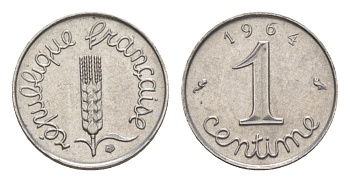 Франция 1 сантим 1964 пятая республика KM 928, Le Franc 106.8 нержавеющая сталь UNC 4630-314