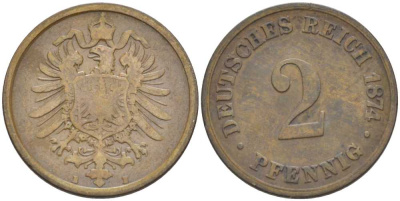 ГЕРМАНИЯ 2 ПФЕННИГА 1874 B, СТАРОГЕРБОВКА KM 2, J. 2, Weege 3 медь 212-433