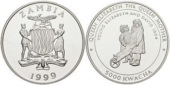 Замбия 5000 квача 1999 серия королева Елизавета - королева мать, маленькая Елизавета и Дэвид KM NEW серебро PROOF 1095-10-63