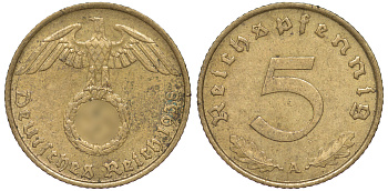 Германия 5 рейхспфеннигов 1938 A KM 91, J. 363 алюминиевая бронза 4602-1255