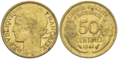 Франция 50 сантимов 1941 тип Морлон KM 894.1, Le Franc 192.18 алюминиевая бронза 44-368