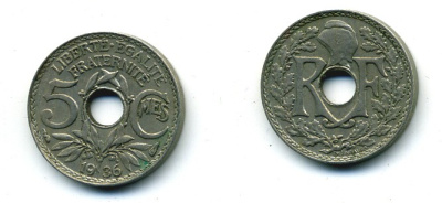 ФРАНЦИЯ 5 САНТИМОВ 1936 ТИП ЛИНДАЙЁ KM 875 медно-никель 84-318