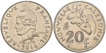 Французская Новая Каледония 20 франков 2014 три быка, (IEOM) KM 12a, Schoen 14a медно-никель 4137-511