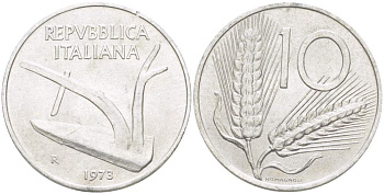ИТАЛИЯ 10 ЛИР 1973 R, КОЛОСЬЯ, ПЛУГ KM 93 алюминий 4513-723
