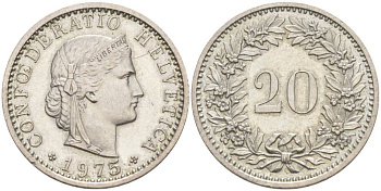 Швейцария 20 раппенов 1975 KM 29a медно-никель 55-944