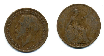 Великобритания 1 пенни 1919 Георг V (1910-1936) КМ 810, Spink 4051 бронза 47-316