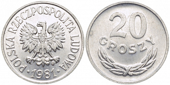 ПОЛЬША 20 ГРОШЕЙ 1981 MW KM А47 алюминий UNC 4448-911