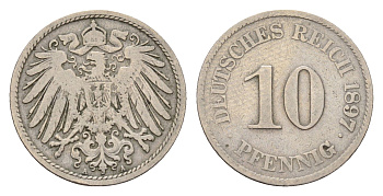 Германия 10 пфеннигов 1897 A, Вильгельм II (1888-1918) KM 12, J. 13 медно-никель 4636-1167