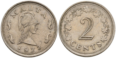 Мальта 2 цента 1972 Пентесилея, царица амазонок KM 9 медь цинк 4154-648