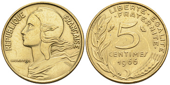 Франция 5 сантимов  1966 тип Марианна KM 933 никель алюминий медь 4115-252