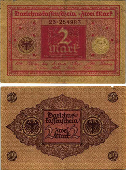 ГЕРМАНИЯ 2 МАРКИ 1920 1 МАРТА 1920, ВЕЙМАРСКАЯ РЕСПУБЛИКА, КРАСНАЯ, СЕРИЯ 23 Pick 59, Rosenberg 65b бумага 7219-14-2-1