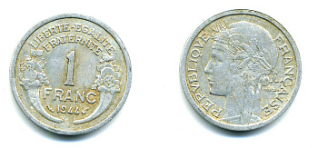 ФРАНЦИЯ 1 ФРАНК 1944 ТИП MORLON, LEGERE KM 885а.1, LE FRANC 221.3 алюминий 45-913